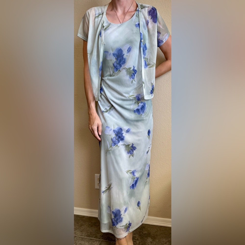 Vintage Floral Pastel Mesh Maxi Dress Cardigan M My Michelle